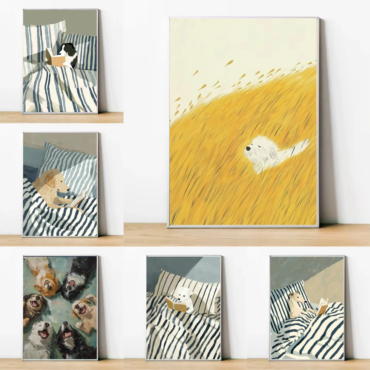 Póster de cachorro feliz y relajado, estampado Retro clásico a rayas, perro de lectura, lienzo impreso, decoración para la habitación del hogar, regalo