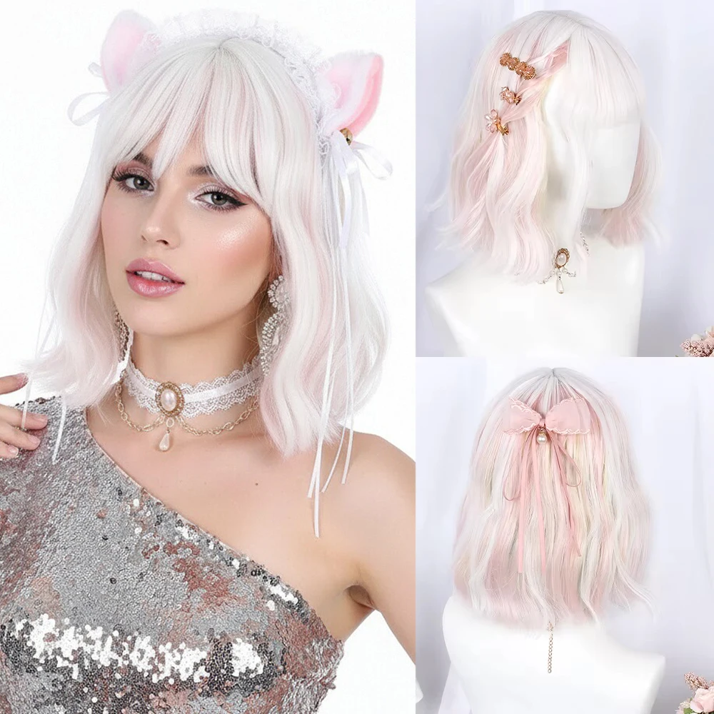 

GAKA Ombre White Pink Short Wavy Curly Wigs with Bangs Synthetic Lolita Women Cosplay Hair Wig for Daily Party