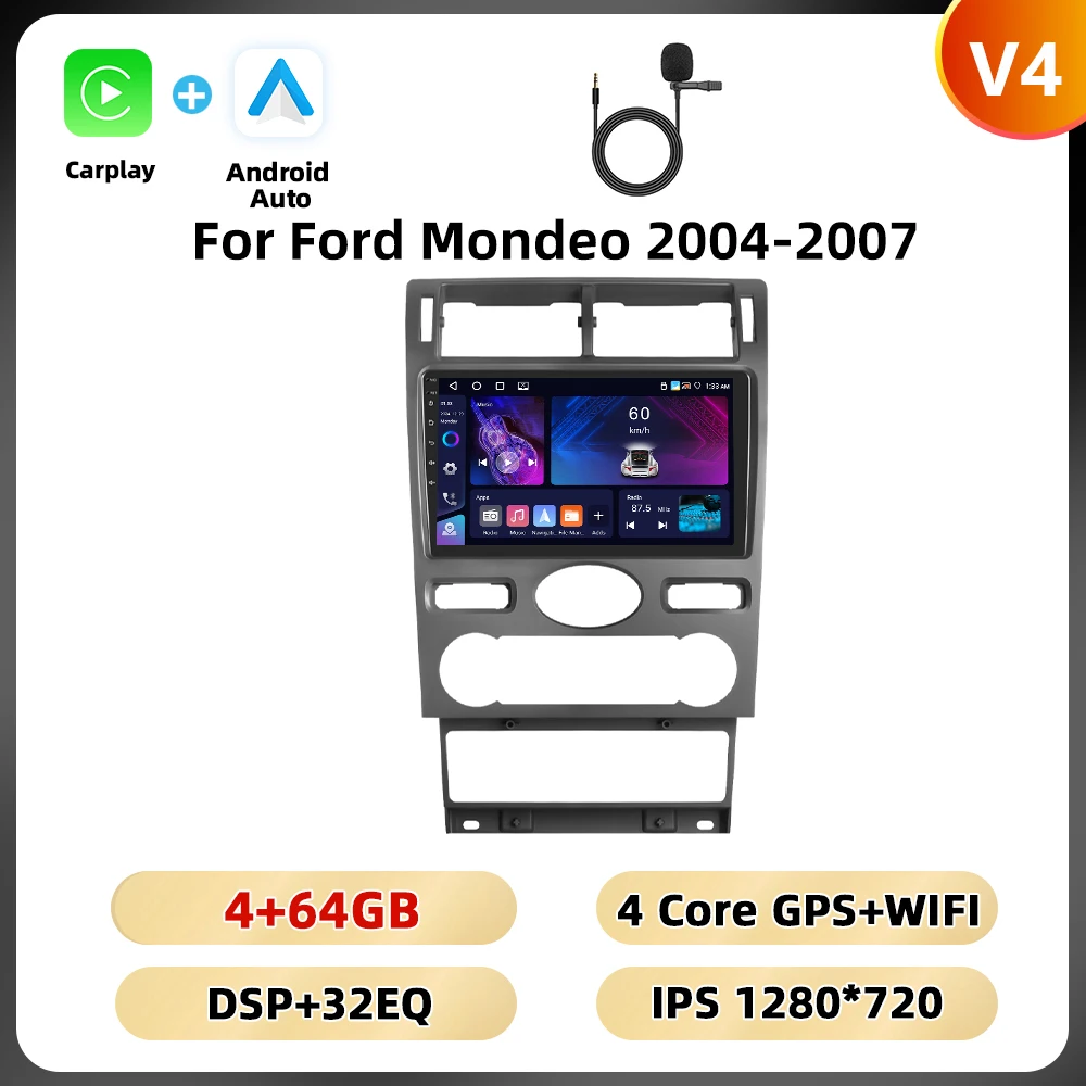 Podofo 9 ''2din Autoradio Voor Ford Mondeo 2004-2007 Multimediaspeler Carplay Android Car Navigation Dsp Ai Voice Bt Car Audio - afbeelding 1