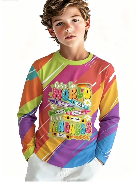 kids t‑shirt,colorful crayon letter print,diagonal stripe background,long sleeve,crew neck,loose fit,multi‑color casual dailytop
