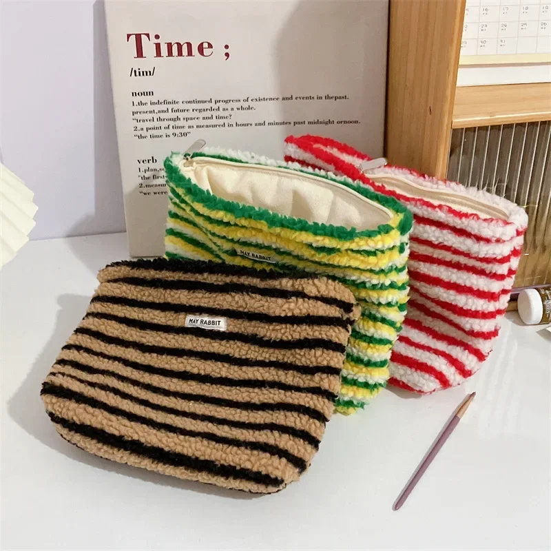 Soft Cosmetic Bag Colorful Striped Dot Plush Makeup Bag Cute Fur Makeup Bag for Women Travel Make Up Toiletry Makeup Storage