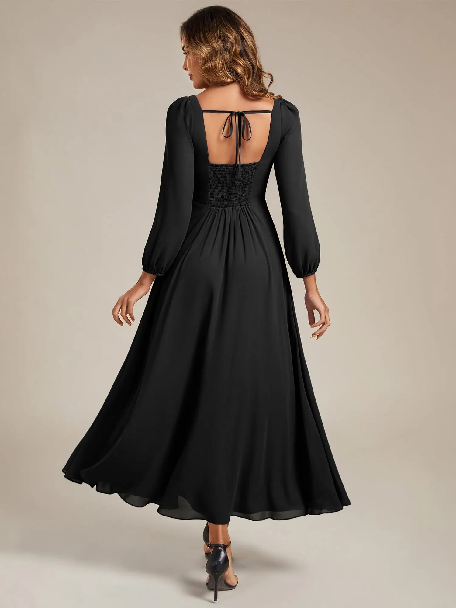 Customized Women's Fall Winter Semi Formal Square Neck Long Sleeve Chiffon Maxi Bridesmaid Dresses Wedding Party Dresses