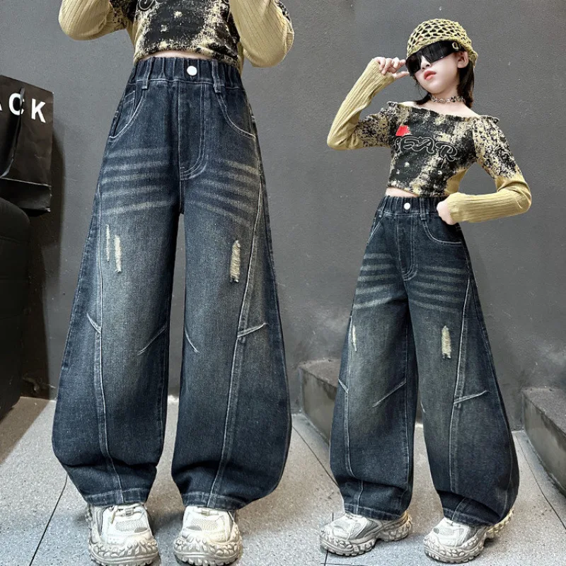 

Teenage Girls Ripped Jeans for New Autumn Children's Casual Loose Straight Destroyed Blue Denim Trousers Kids Spring Pants 4-14