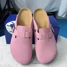 2026  Women Cork Sole Clogs Slippers Fashion Cow Suede Flat Mules With Adjustable Buckle Men Leather Potato Shoes Beach Sandals
