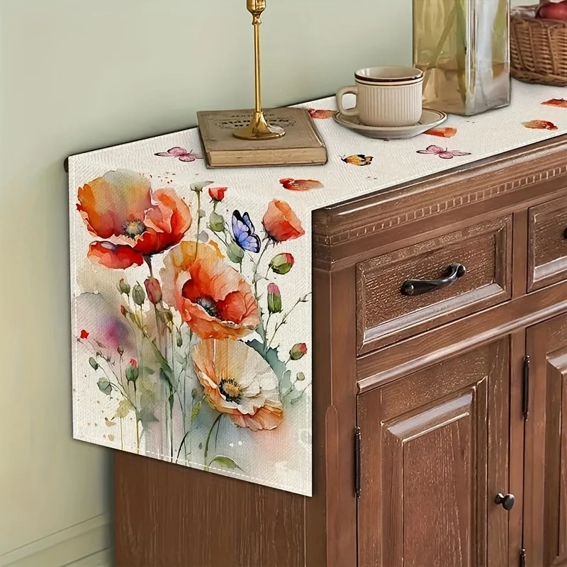 Aquarell-Mohnblumen-Schmetterlings-Tischläufer, wasserdichte Polyester-Tischdecke, Frühlings-Landhaus-Küchendekoration