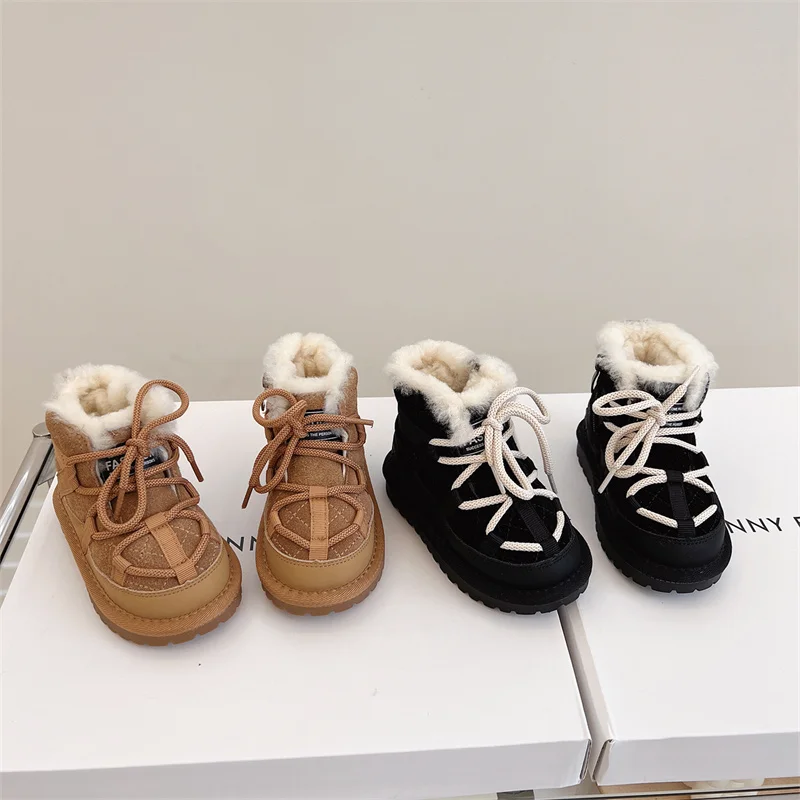 2023 New Winter Children Snow Leather Boots  Warm Plush Toddler Boys Shoes Non-slip Fashion Baby Girls Boots