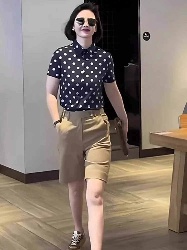 Chique Polka Dot Design Zomer Pendelen Sle Dames irt ort Sve Slim Fit Koreaanse versie Recht gesneden blouse met knopen
