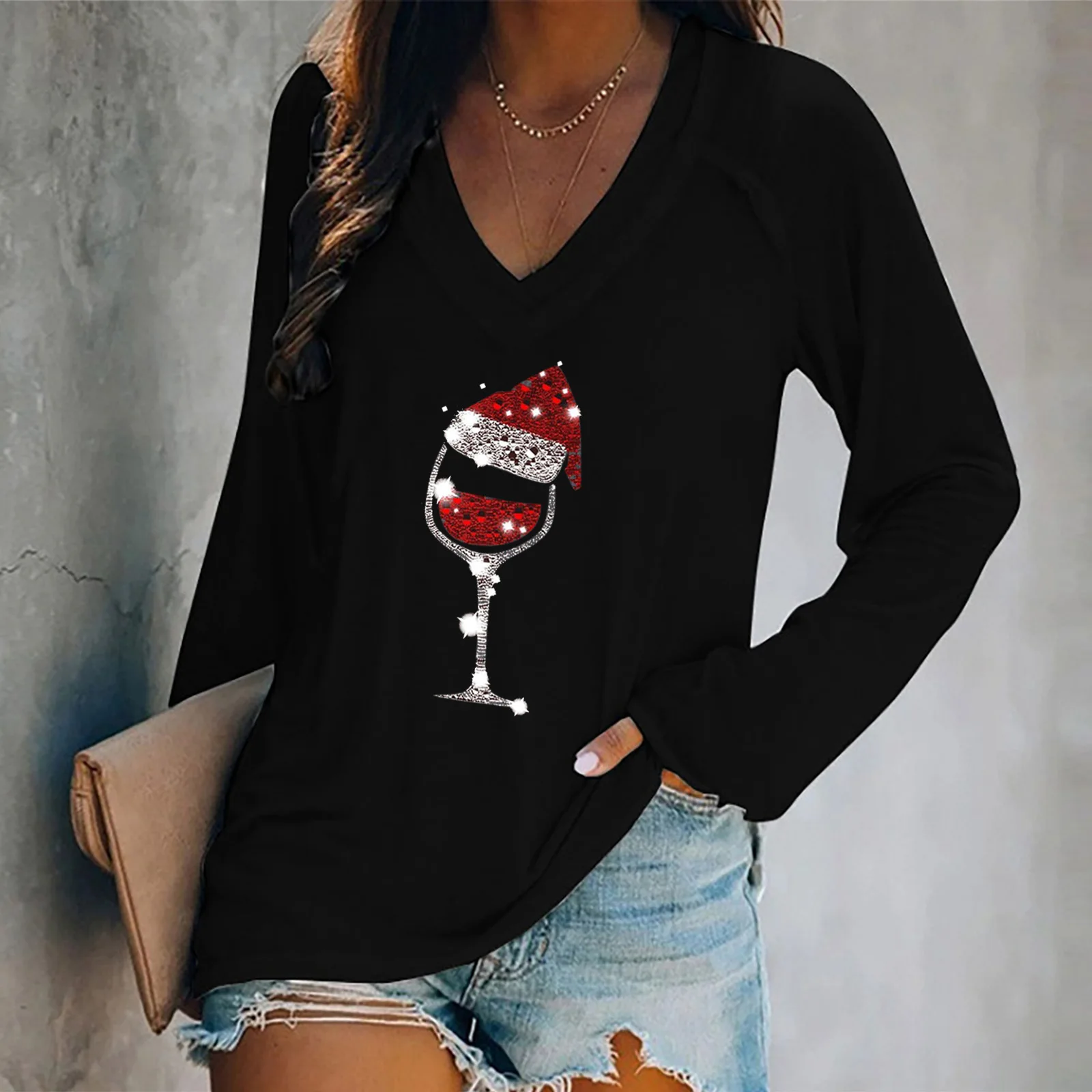 

Women's long sleeved V-neck contrasting color patchwork casual oversized T-shirt top versatile temperament and personality