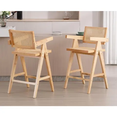 Barstolar i rotting med bänkhöjd, set med 2 moderna barstolar i lantlig trästil, med ryggstöd och armstöd i rotting, bekväma barstolar i mitten av århundradet 6 best sales barstolar set om 2 - №5