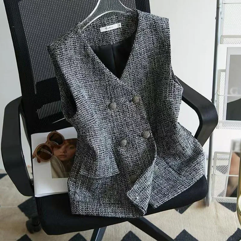 

Ladise Fashion Short Suit Waistcoat Outwear Retro Women V-neck Sleeveless Coat Autumn Winter Female Double-breasted Vest Jacket