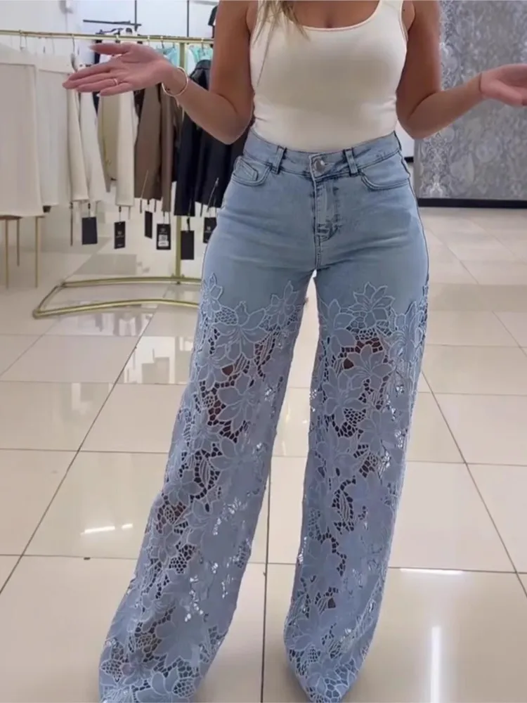 Autumn High-waisted Casual Wide-leg Trousers Women's Fashion Temperament Versatile Hollow Lace Stitching Denim Droop Pants