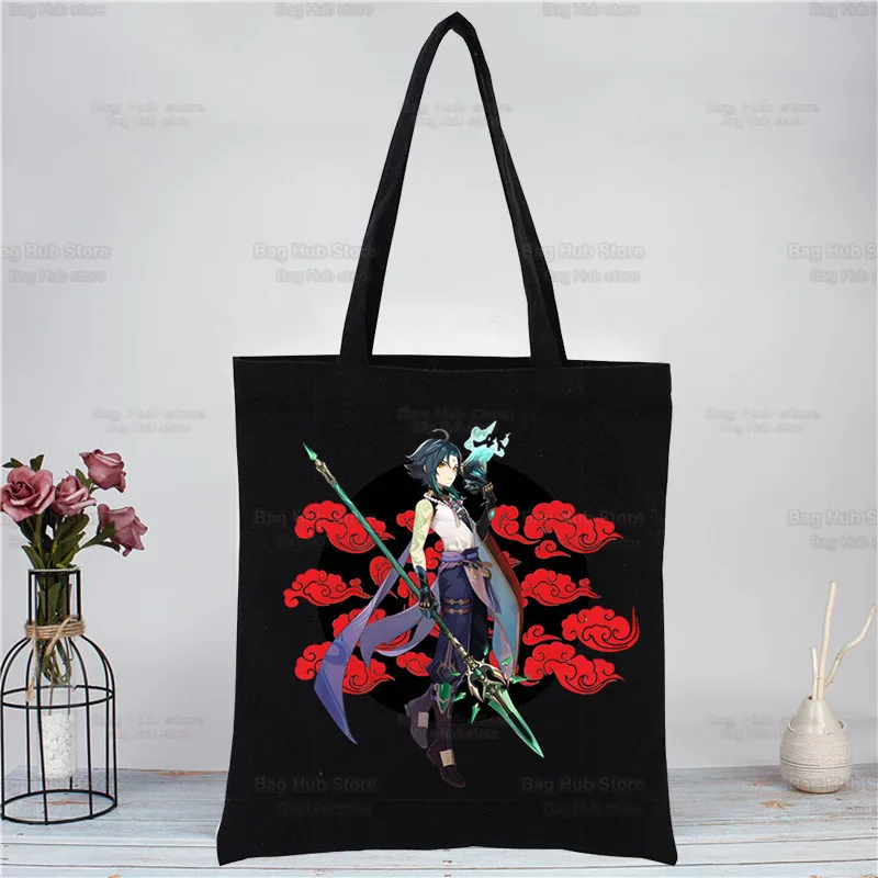 Sacola de lona de impacto Genshin para mulheres, bolsas Xiao Anime Game, bolsa de compras preta, eco, sacola de compras, bolsa de viagem