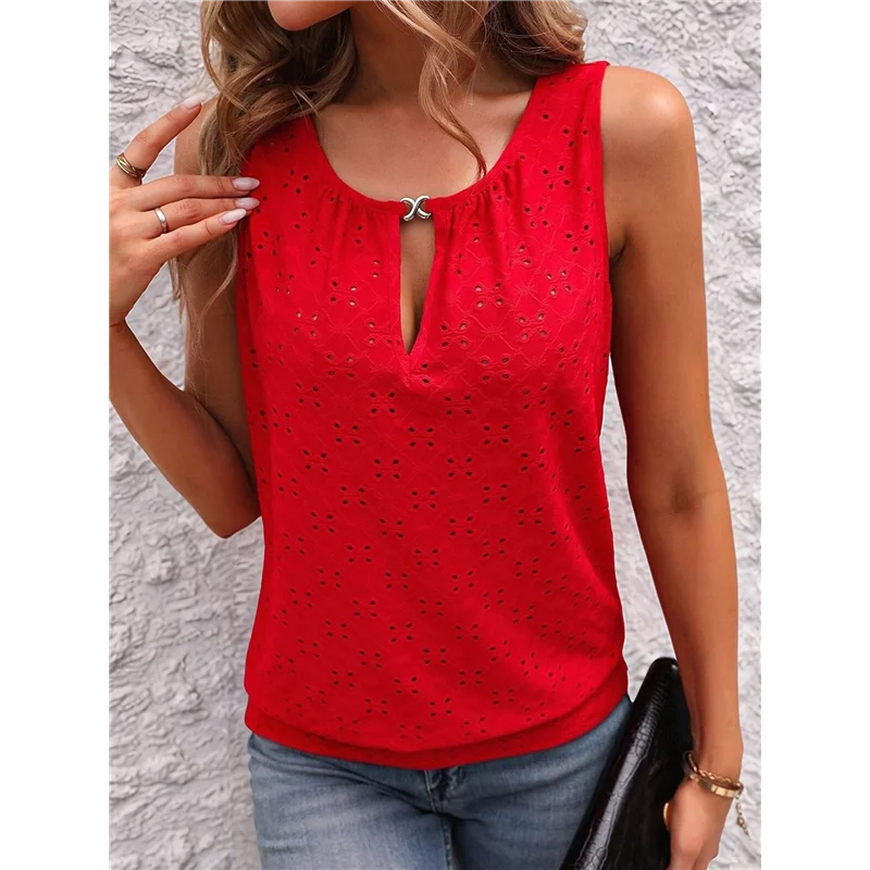 

ASDS-Women's Summer Fashion Eyelet Tops Crewneck Sleeveless Shirts Women Shirts
