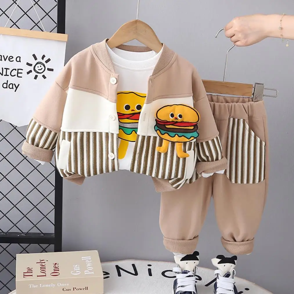 

Kids Two Piece Tracksuits Fall Fashion Boys Cartoon Stripe Cardigan Jacket T-shirt Pants Toddler Clothes Outfits Children Suits