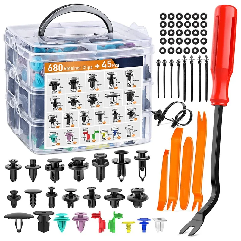 725Pcs Car Push Retainer Clips & Auto Fasteners Assortment - 23 Prevalent Sizes Bumper Mudguard Rivets with Cable Ties