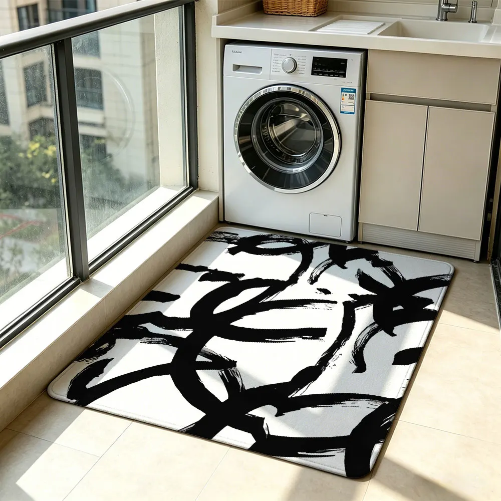 1pc Black White Graffiti Abstract Line Silicone Floor Mat Non Slip Rug For Bedroom Sofa Entryway Art Style Modern Home Decora