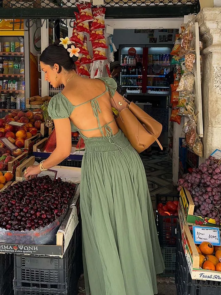 Heinene Sexy Solid Laceup Women Summer Ankle-Length Dress Slash Neck Chic Lantern Sleeve Party Dress Summer Casual Elegant Style