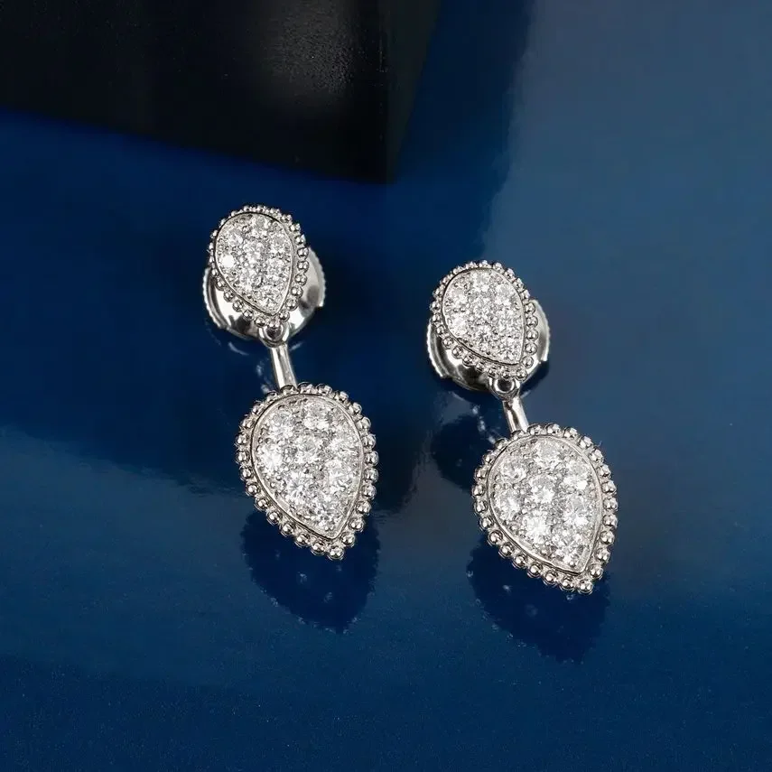 Europe Top Quality Gold Full Diamond Water Droplet 925 Silver Earrings Women Luxury Jewelry Designer Trend