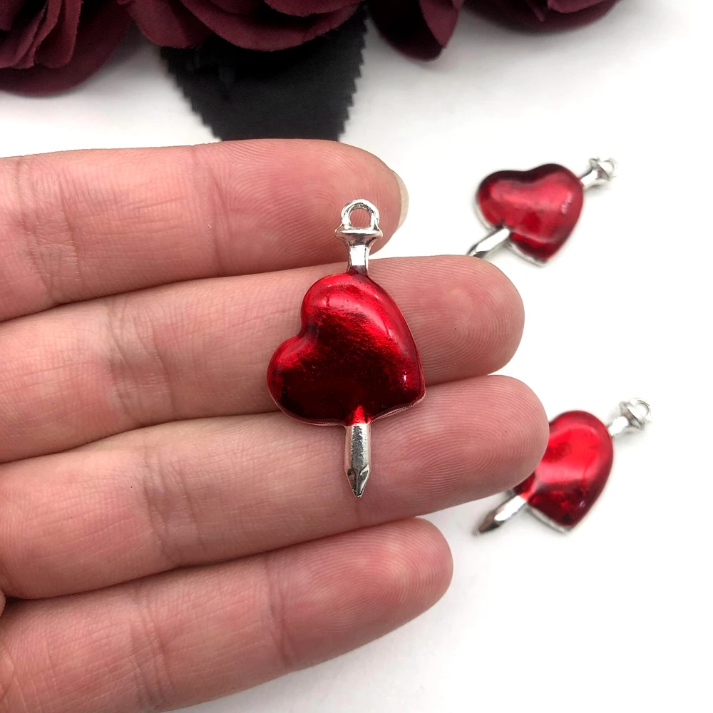 5pcs Diablo Gothic Jewelry Piercing Wounded Heart Red Oil Drop Handmade Accessories Punk Jewelry 38*21mm