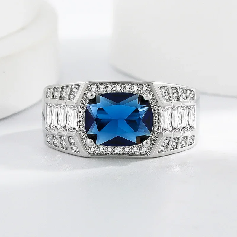 925 Sterling Silber Einfacher Alltagsring mit Blauem Zirkon für Herren Geburtstag Jubiläum Hochzeit Party Geschenk