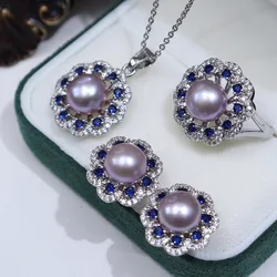 one set freshwater pearl white/gray/pink/purple/gray/yellow/black earring ring pendant +zircon hook