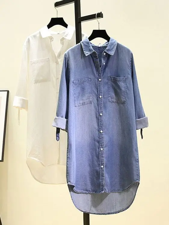 

New White Denim irt Dr Women's Mid-Length Spring New Roll-Up Sve Thin Open Cardigan Korean Sle Loose Fit Long Sve