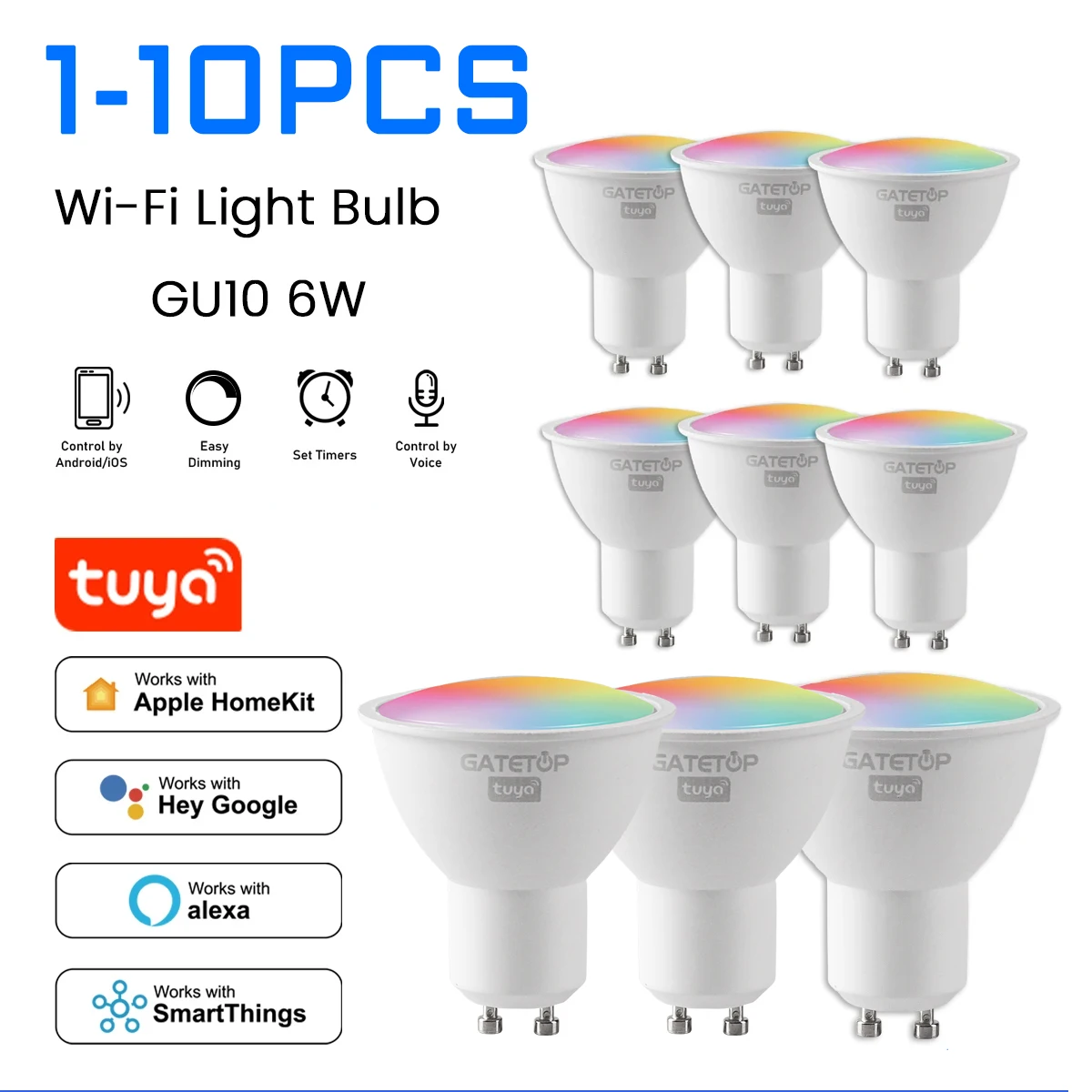 1-10 Peças Lâmpada Inteligente LED WiFi Tuya GU10 Regulável 1-100% RGBCW Foco Smart Life APP Compatível com Alexa Google Home Controle por Voz