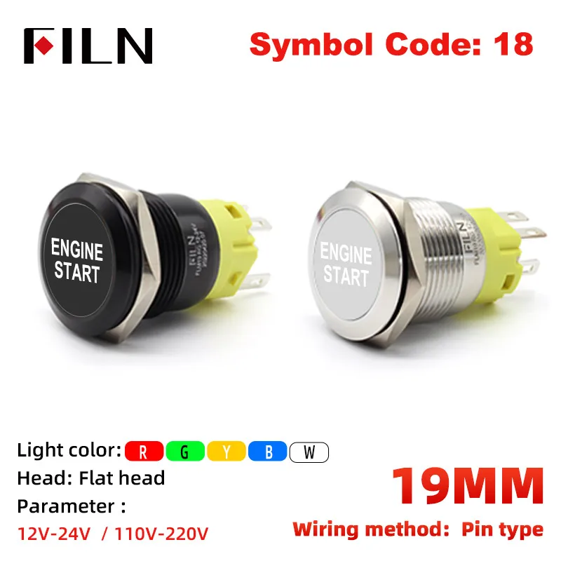 

FILN 19mm 12V LED Black Shell Stainless Steel Metal Push Button Switch Dashboard Custom ENGINE STARTS Ymbol Car Racing Switch