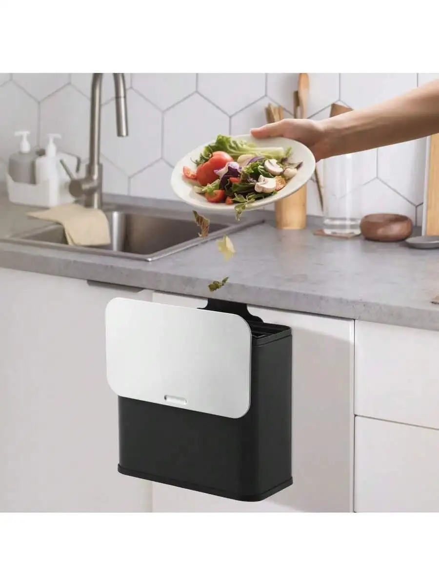 

1.3 Gallon Hanging Kitchen Trash Can With Lid Inner Bucket And Charcoal Filter Black