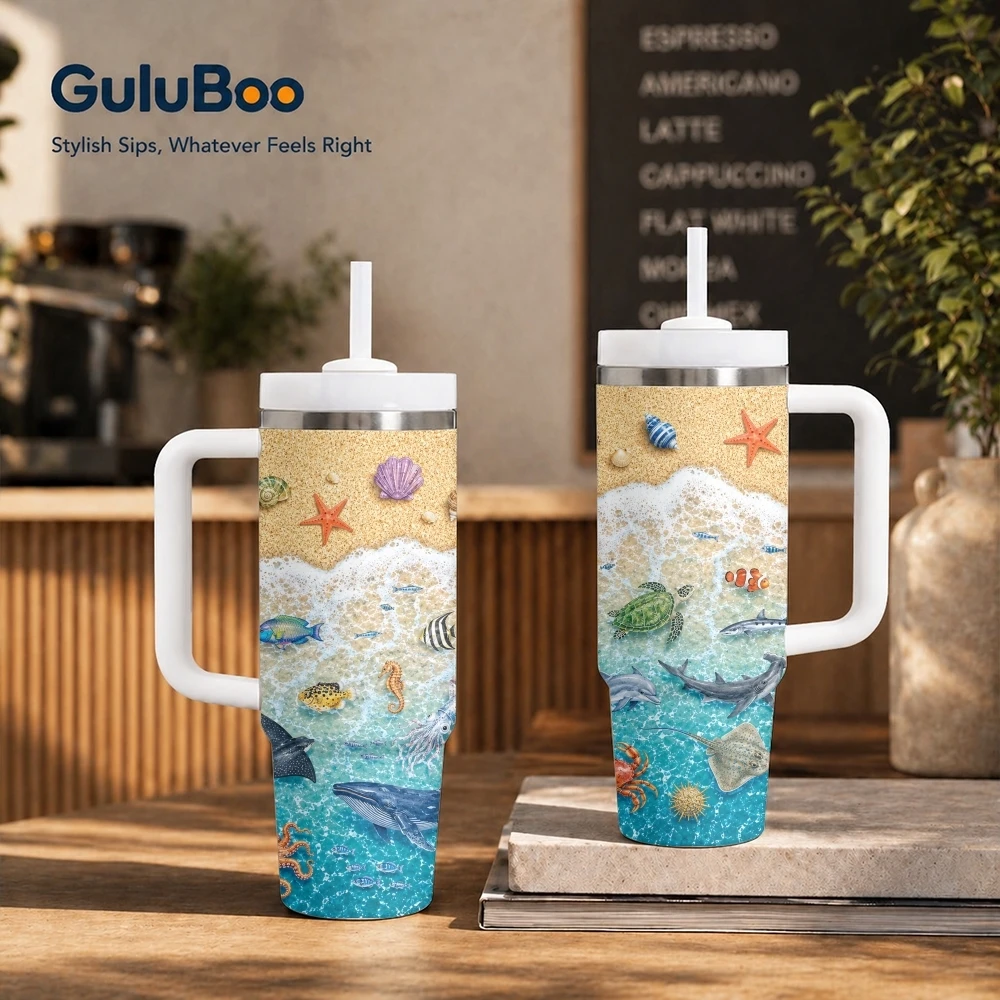 Summer Ocean Design Vacuum Flasks 40oz Stainless Steel Insulated Tumbler with Handle & Straw Leakproof Travel Mug