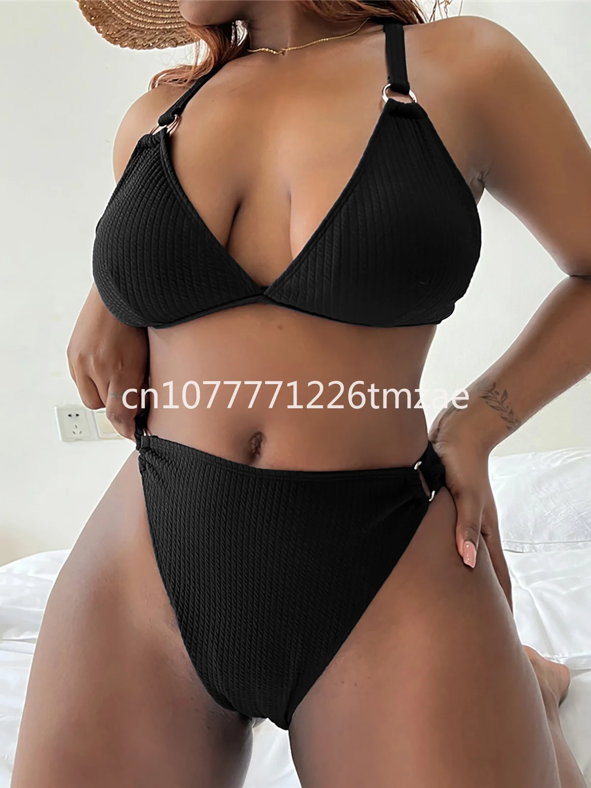 2 peças com nervuras Bikini Swimsuit para mulheres, V Swimsuit, Plus Size, 0xl-4xl