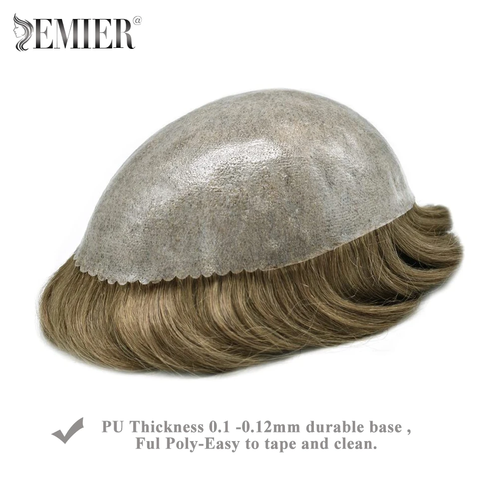 Men Toupee Human Hair Replacement System Unit Full PU 0.12mm Men Hairpiece Thin Skin Capillary Prosthesis Injection Knot ISkin