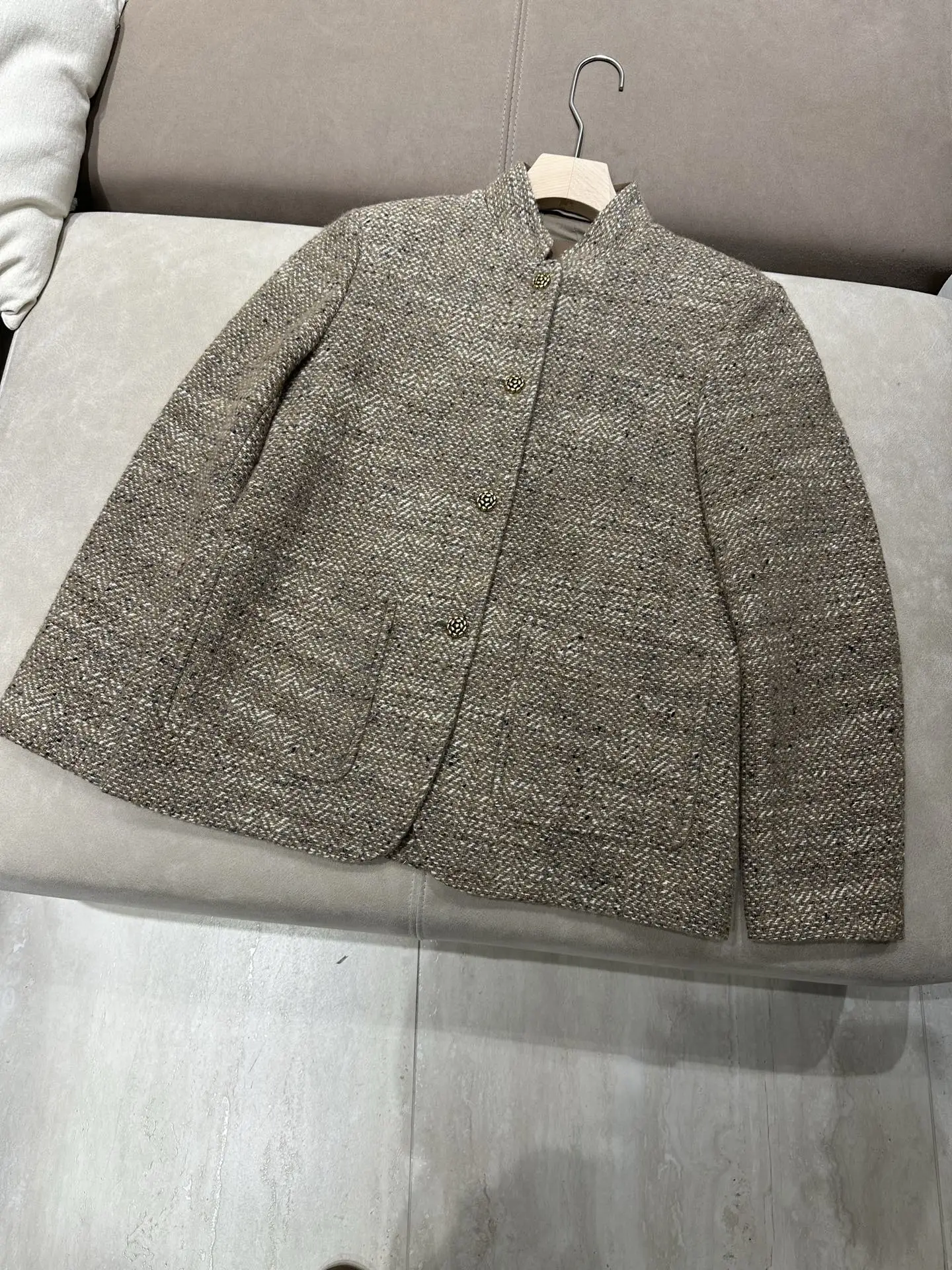 Women's Autumn Stand-Collar Tweed Jacket – Single-Breasted Cropped Wool Coat