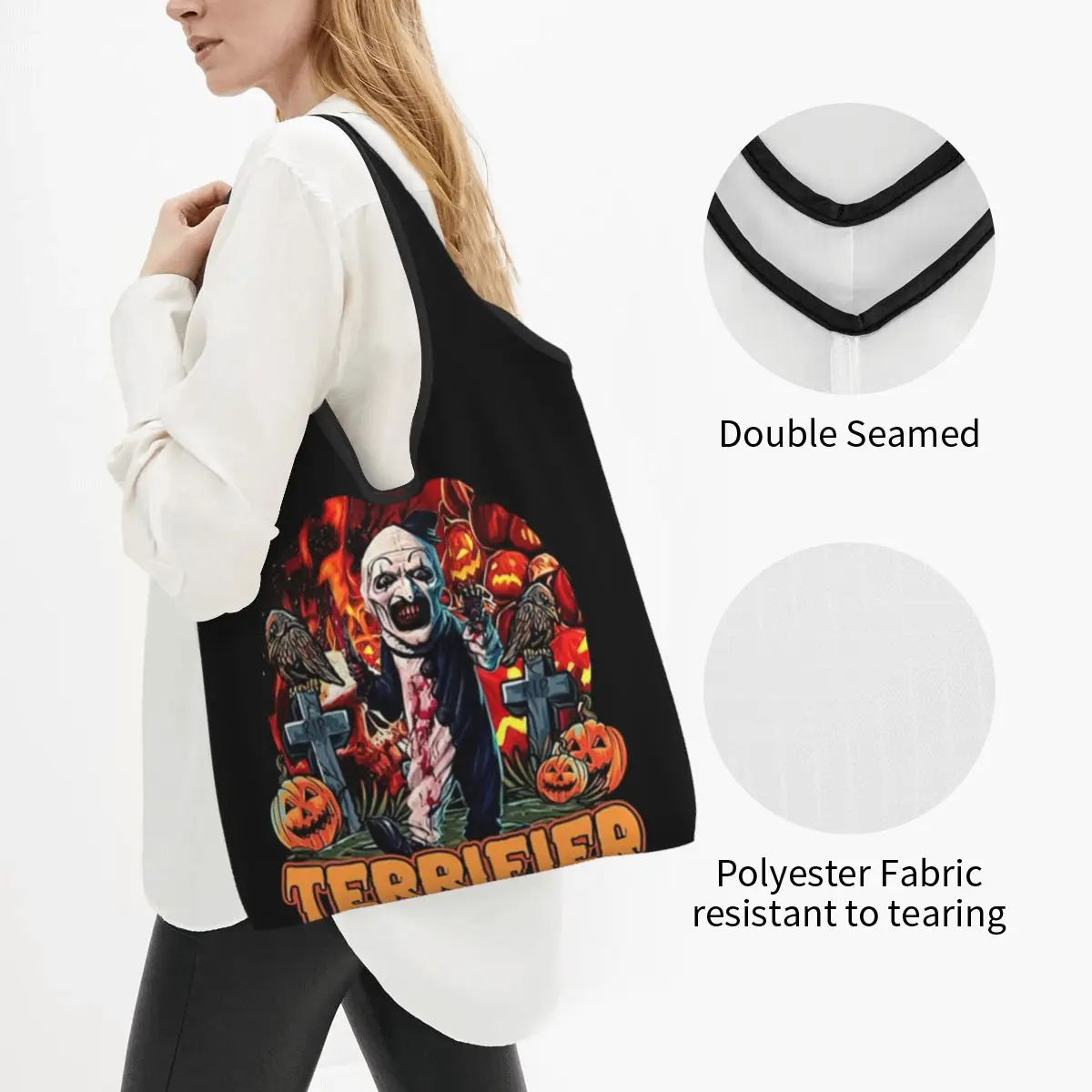 Halloween Clown Horror Movie Terrifier Portable Tote Shopping Bags Foldable Shopper Bag Groceries Handbag Shoulder Bag