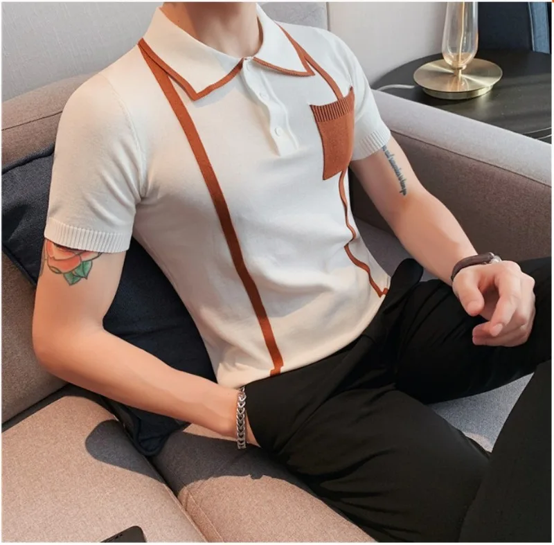 

Men's Summer 2023 New Fashion Short-Sleeved Polos Striped Patchwork T Shirt Male Korean Casual Slim Fit Knitted Tops