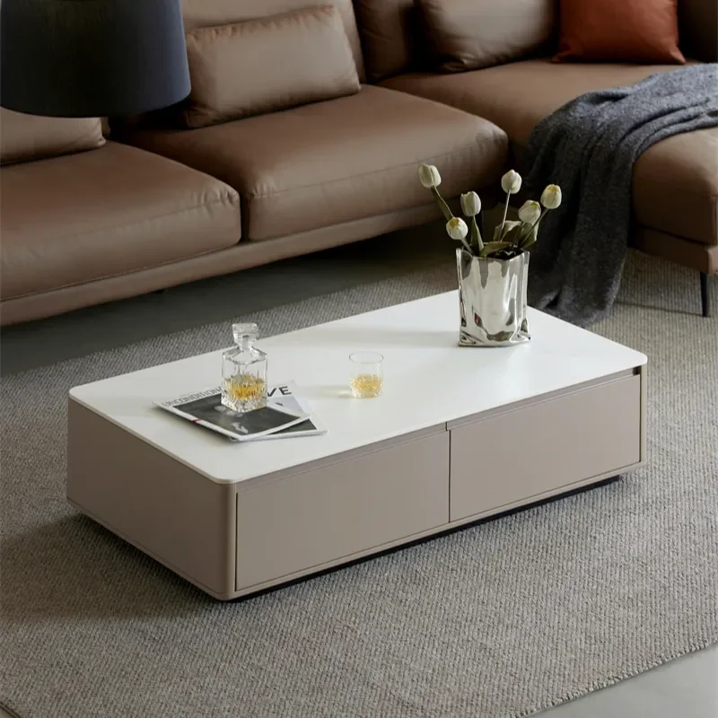 Modern Luxury Minimalist Designer White Square Mable Top Tv Cabinet Stand Wooden and Coffee Table Set