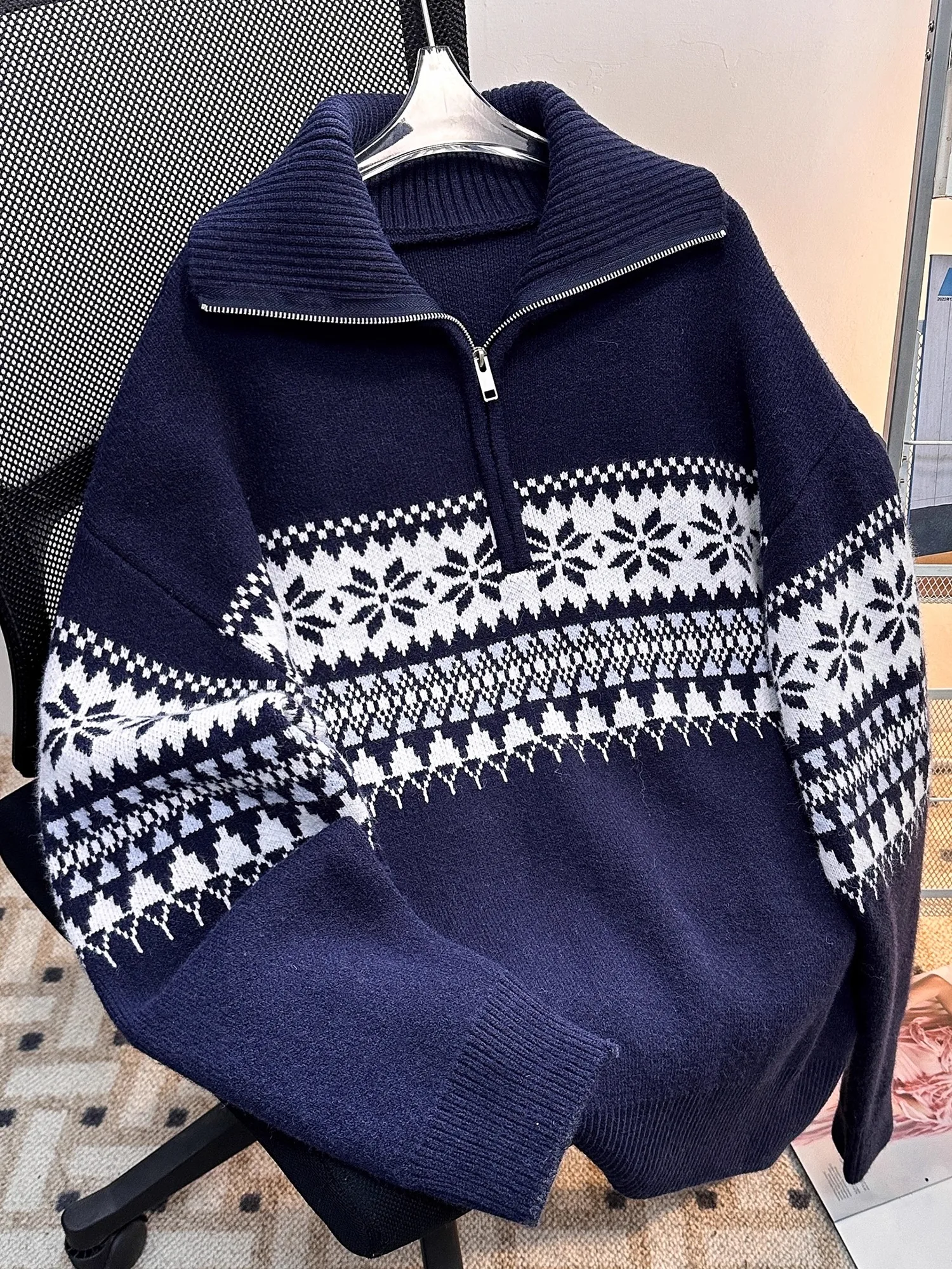 

Американский свитер Fair Isle с высоким воротником на молнии, мужской, зимний, модный, универсальный, для пар, вязаный, свободный, повседневный, верхняя одежда