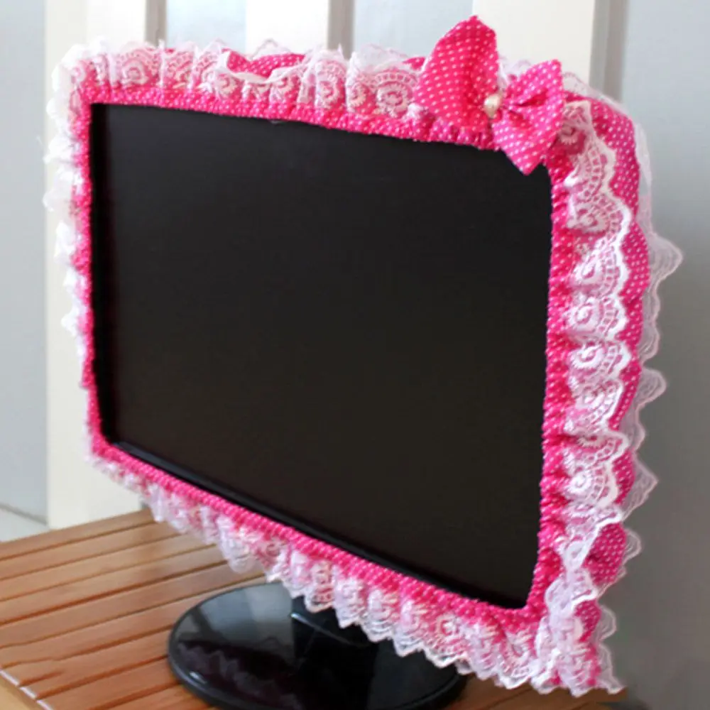 Lace Fabric Computer Frame Cover Monitor Screen Dust Cover With Elastic Pen Pocket Bow Home Decorations