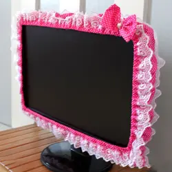 Lace Fabric Computer Frame Cover Monitor Screen Dust Cover With Elastic Pen Pocket Bow Home Decorations