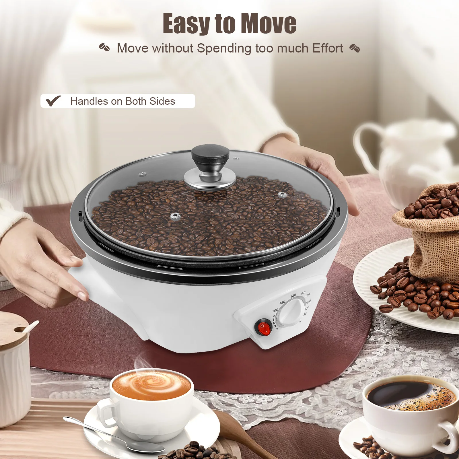 

White Electric Coffee Bean Baking Machine Tabletop PP Glass Modern Round Adjustable Temp Sturdy Durable Home Coffee Shop Use
