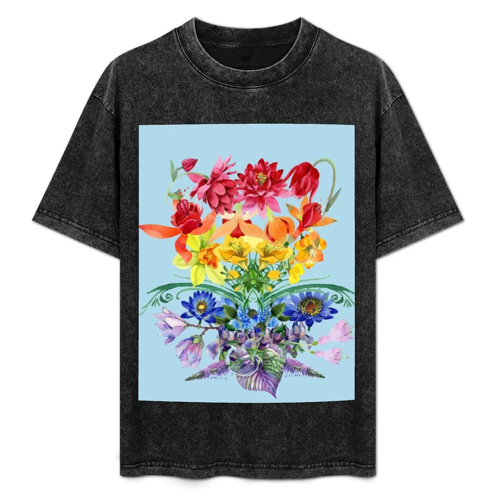 

Rainbow Watercolor Floral Design - Rainbow Flowers with Light Blue Background T-Shirt Lightweight Cooling Short Sleeve Tee