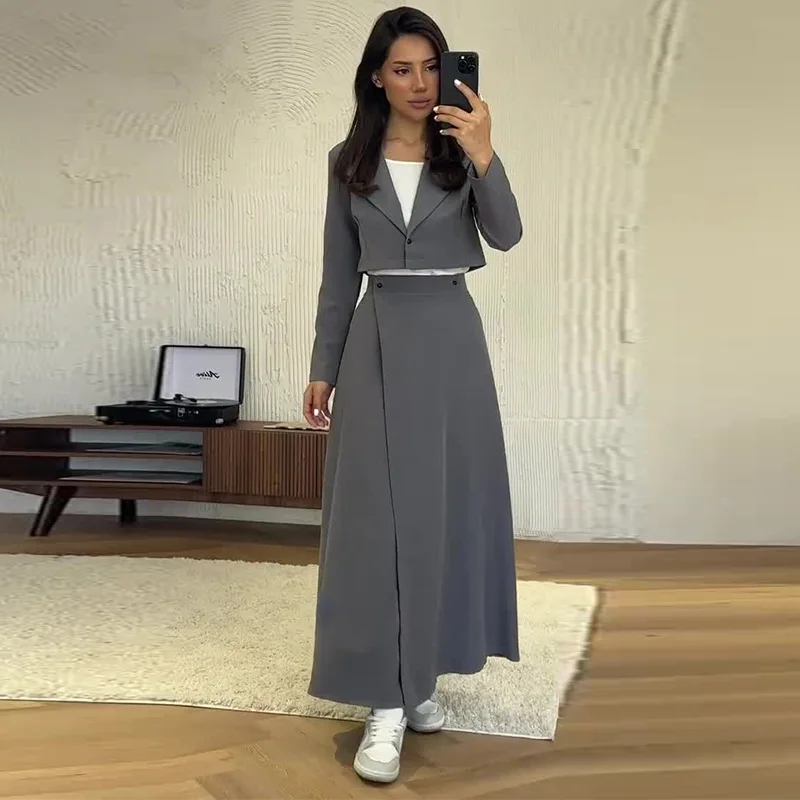 

Elegant Women Skirt Set Y2K Long Sleeve Button Short Blazer Coat Pleated Maxi Skirt Two Piece Set Office Lady Tracksuit Outfits