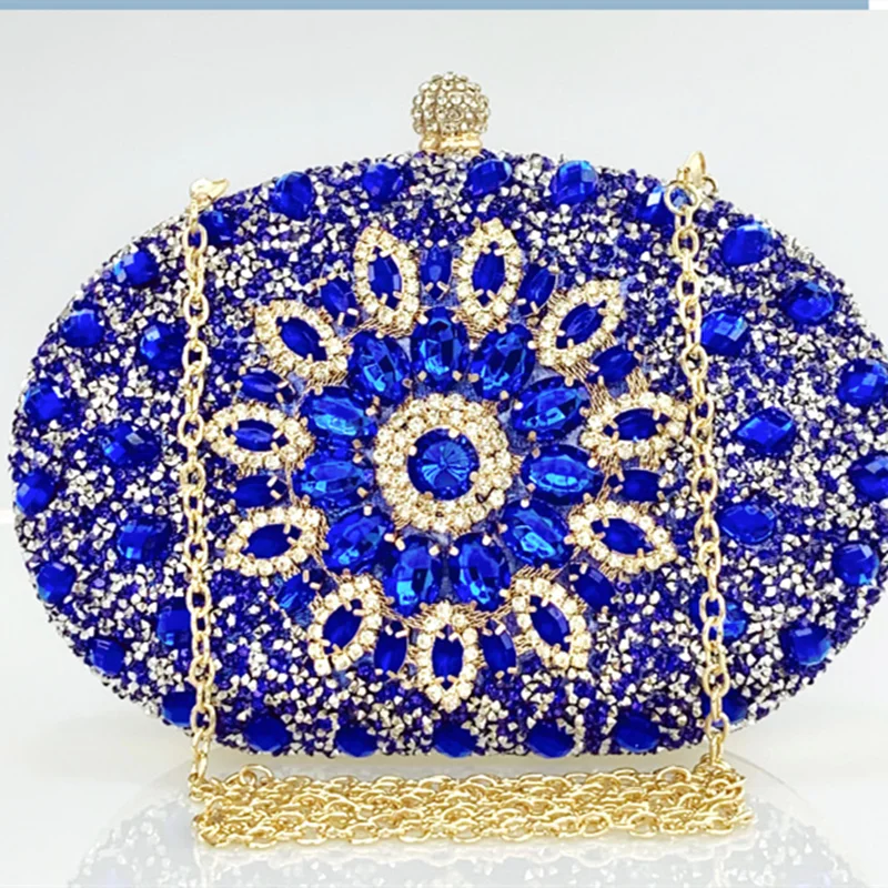 Female Metallic Blue Sun Flowers Crystal Cluth Evening Luxury Designer Handbags Small Totes Oval Cross-Body Side Purse For Party