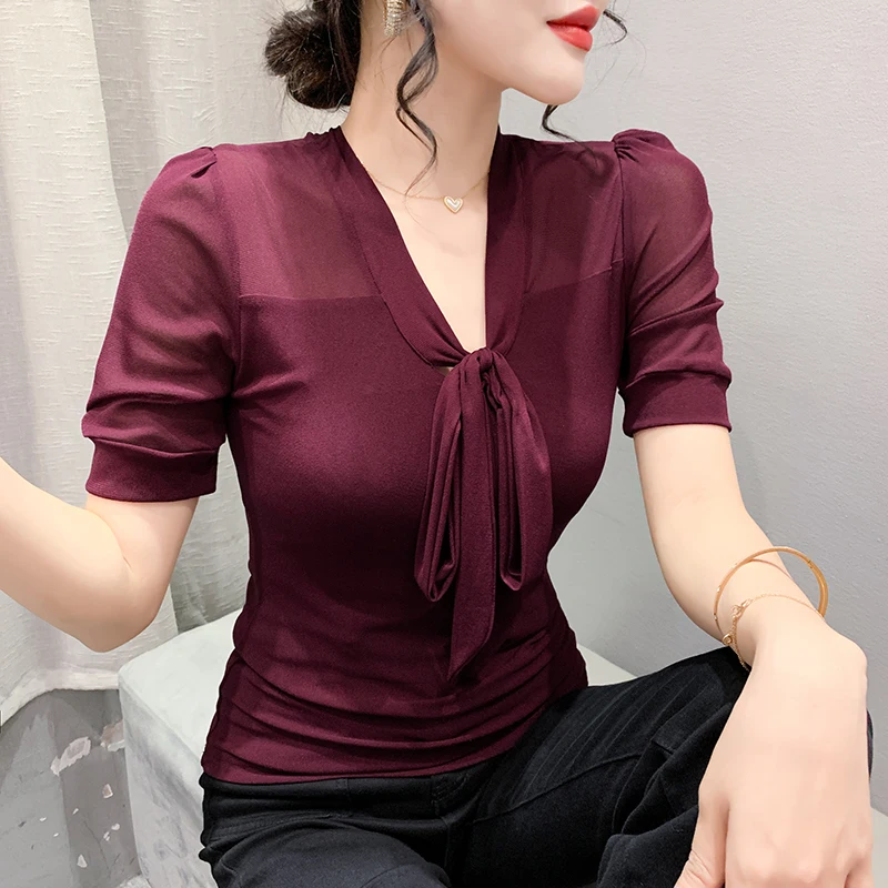 

2023 New Summer Vintage Clothes Mesh Solid T-Shirt Fashion Sexy V-Neck Lace Up Women's Tops Short Sleeve All Match Tees 33060