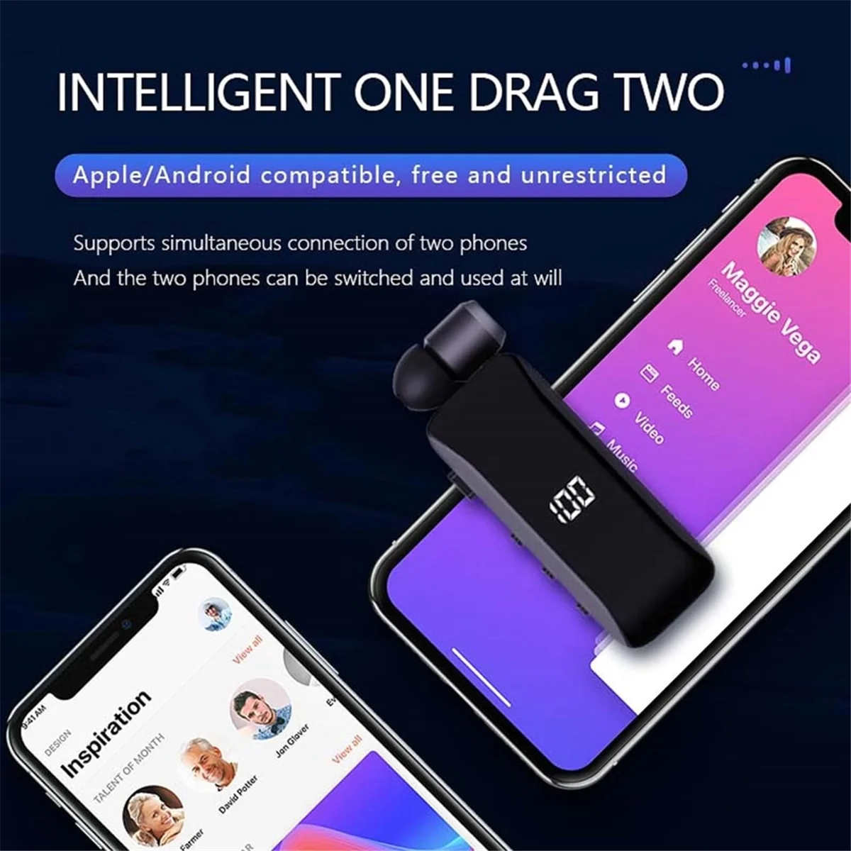 ABAN LED Power Digital Display Bluetooth Wireless Headphones Retractable Collar Clip Single Headset Retractable with Wire