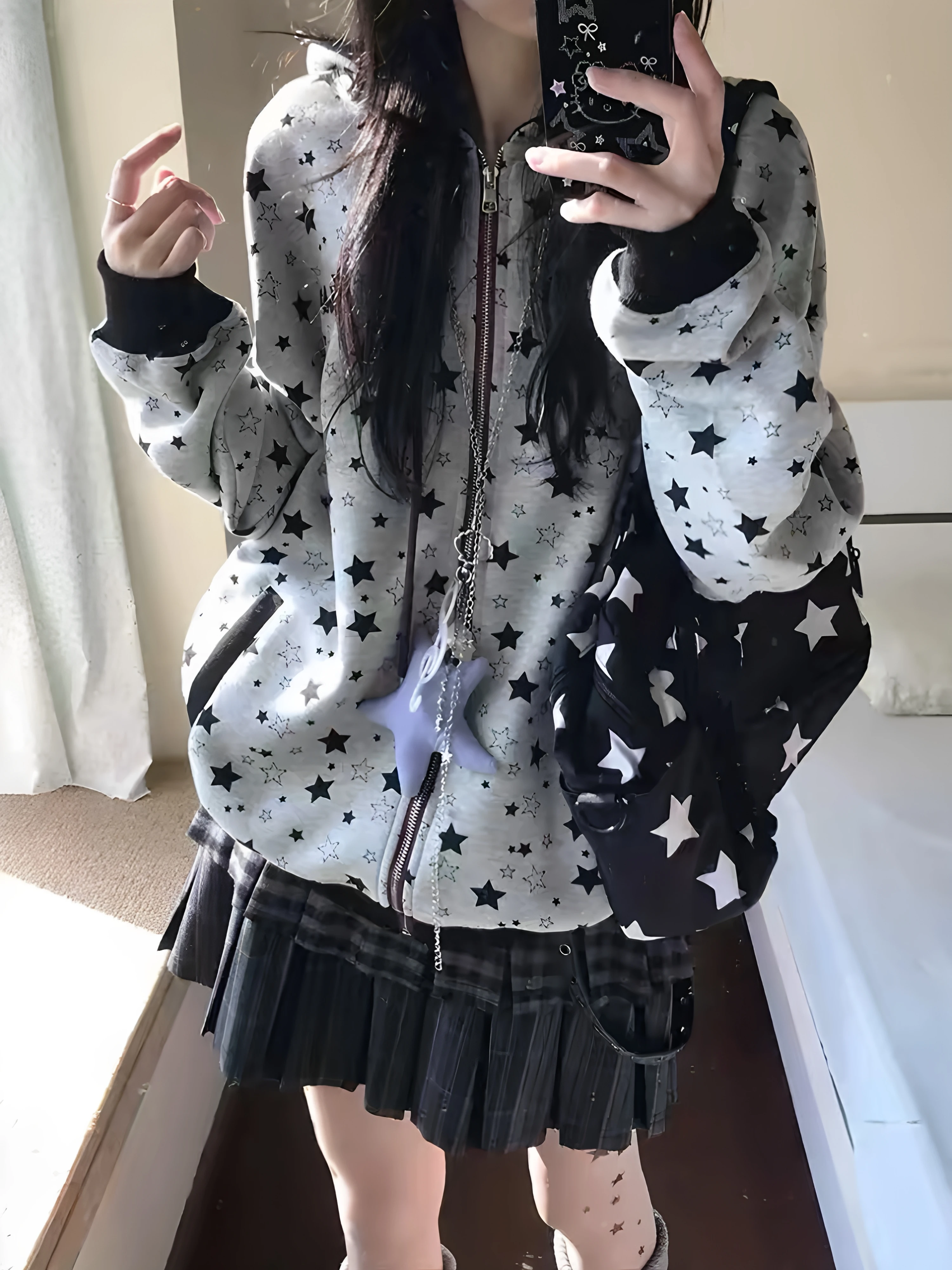 Loose Fit Women's Hoodie US Style College Fashion Star Print Long Sleeve Zipper Closure Casual Sweatshirt Autumn Winter Coat