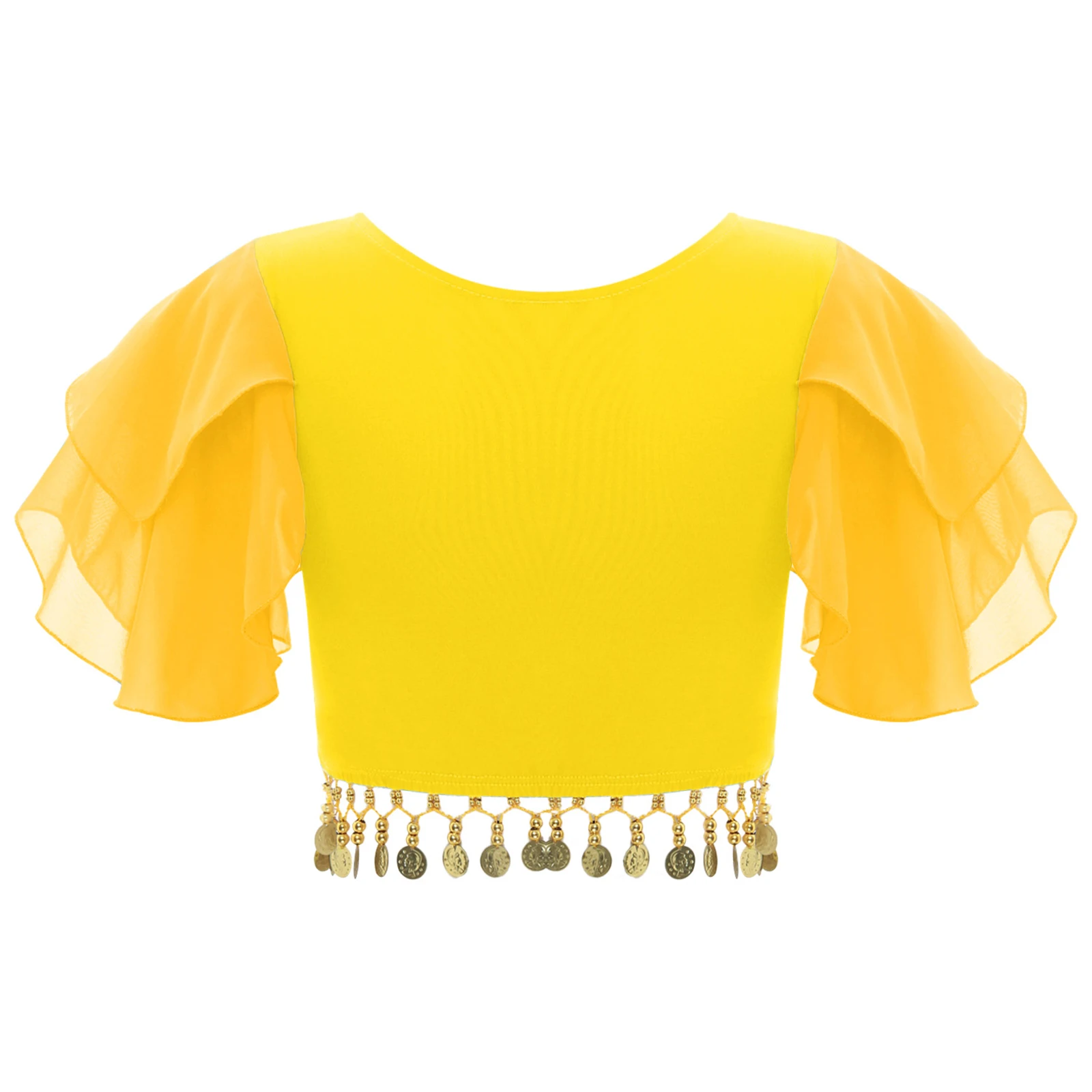 Womens Indian Belly Dance Ethnic Dance Performance Costume Crop Top Tiered Lotus Sleeve Tassel Pullover Blouses Crop T-shirt