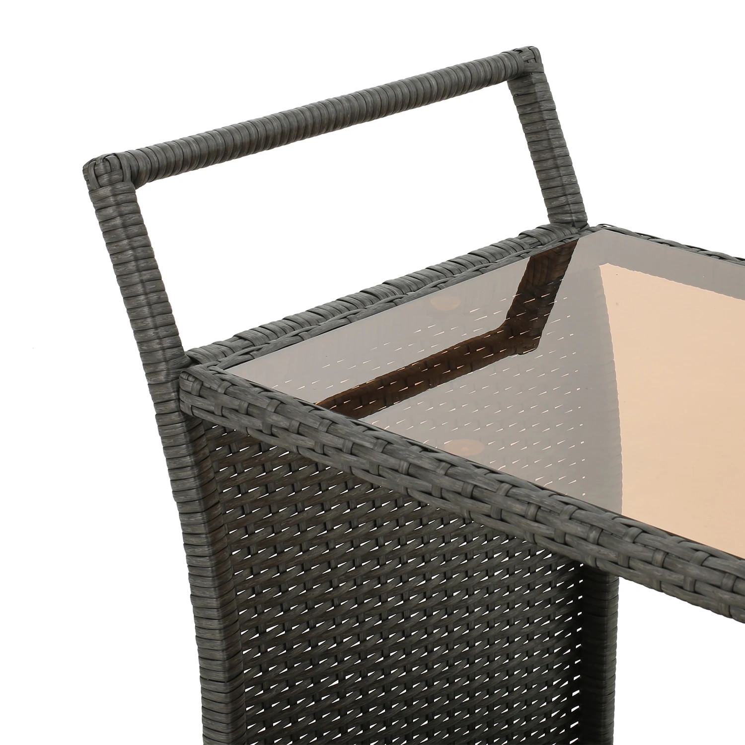 Outdoor Rolling Bar Cart Patio Wicker Storage Cabinet Serving Cart With Removable Ice Bucket Tempered Glass Countertop