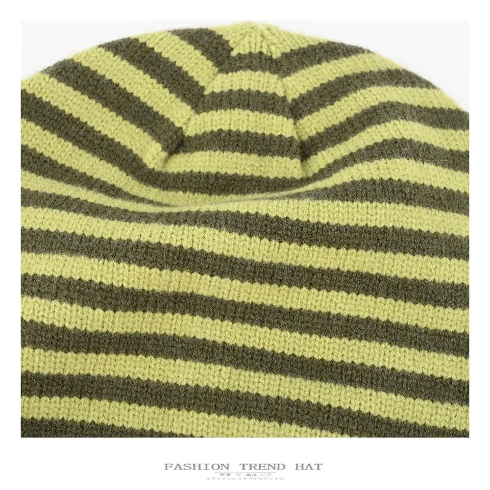 Fashionable Large Head Size Striped Knit Beanie Cold Proof Windproof Autumn Winter Skullcap Soft Warm Pull-On Cap Unisex