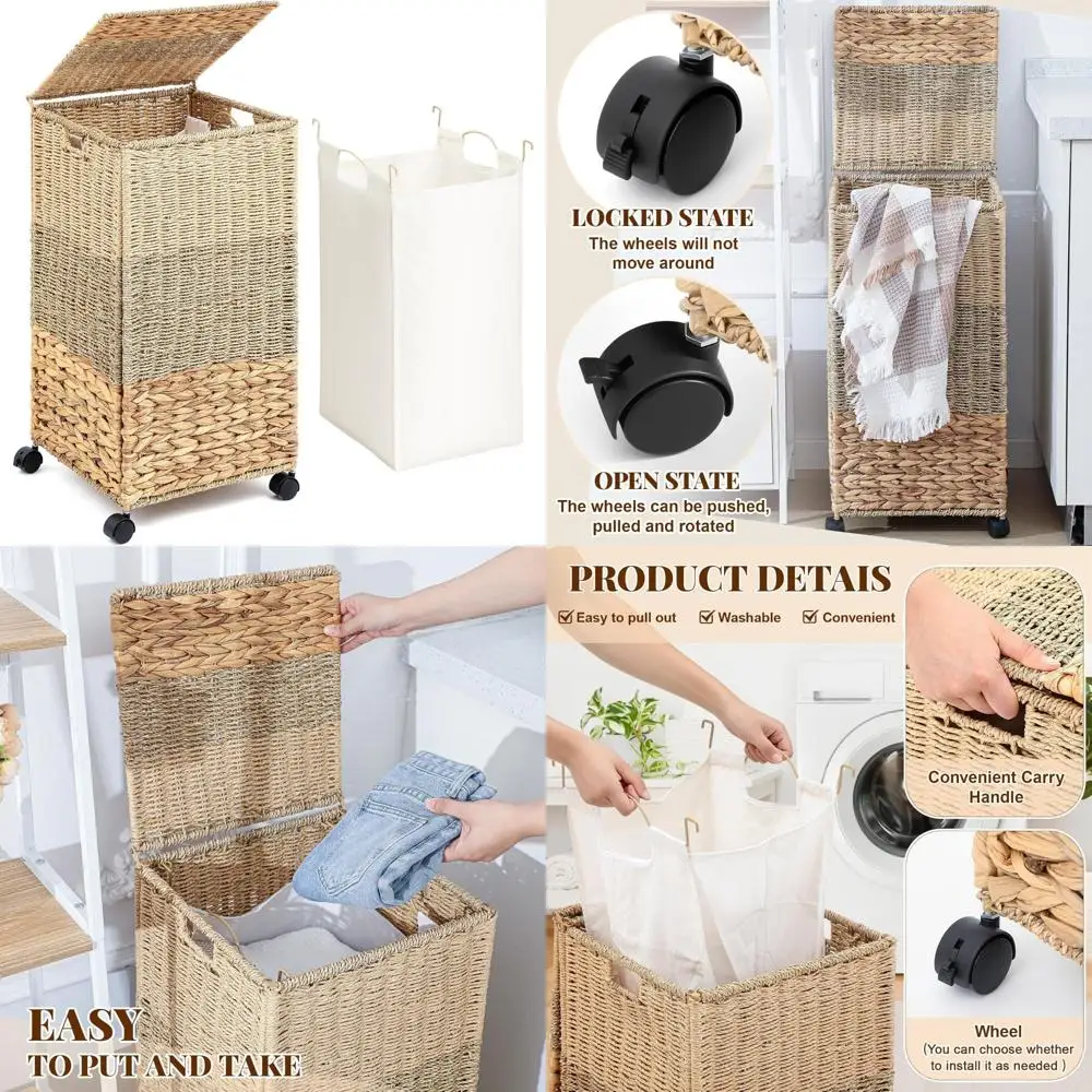 

Rolling Wicker Laundry Basket with Removable Washable Liner and Lid - Decorative Storage Hamper for Home Use